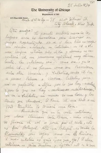 [Carta] 1934 jul. 28, New York, [EE.UU.] [a] [Gabriela Mistral]  [manuscrito] J[oan] Pijoan.