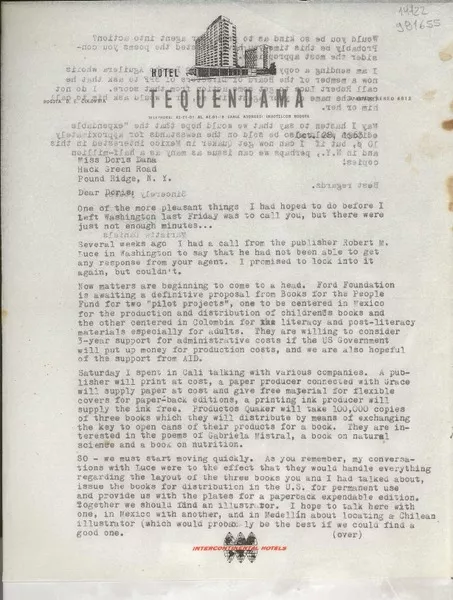 [Carta] 1963 Oct. 28, [Bogotá, Colombia] [a] Miss Doris Dana, Hack Green Road, Pound Ridge, N. Y.  [manuscrito] Marietta Daniels.