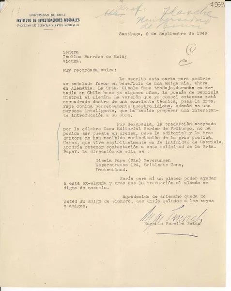 [Carta] 1949 sept. 2, Santiago [a] Isolina Barraza de Estay, Vicuña  [manuscrito] Eugenio Pereira Salas.
