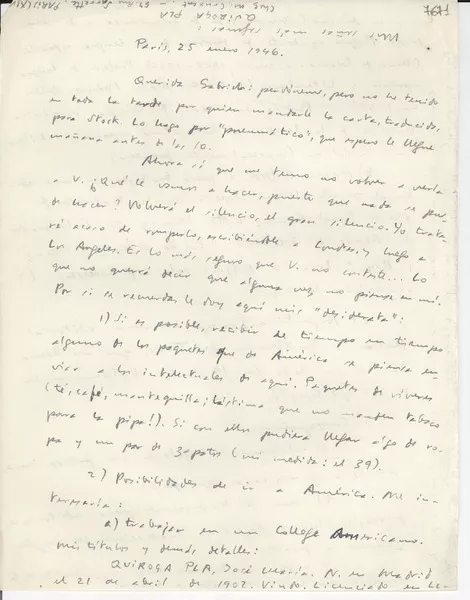 [Carta] 1946 ene. 25, París [a] Gabriela Mistral  [manuscrito] Quiroga Plá.