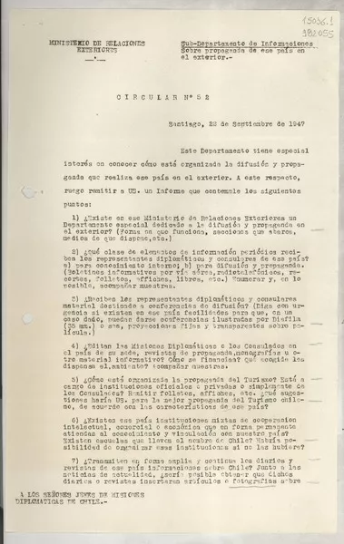 Circular N° 52, 1947 sept. 22, Santiago [a] los señores jefes de misiones diplomaticas de Chile  [manuscrito] El Ministro [Germán Vergara Donoso].