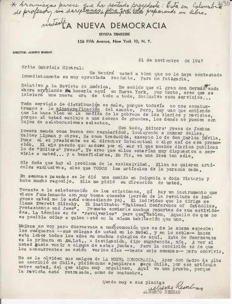 [Carta] 1947 nov. 21, [New York] [a] Gabriela Mistral  [manuscrito] Alberto Rembao.