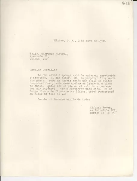 [Carta] 1950 mayo 2, México D. F. [a] Gabriela Mistral, Jalapa, Veracruz  [manuscrito] Alfonso Reyes.