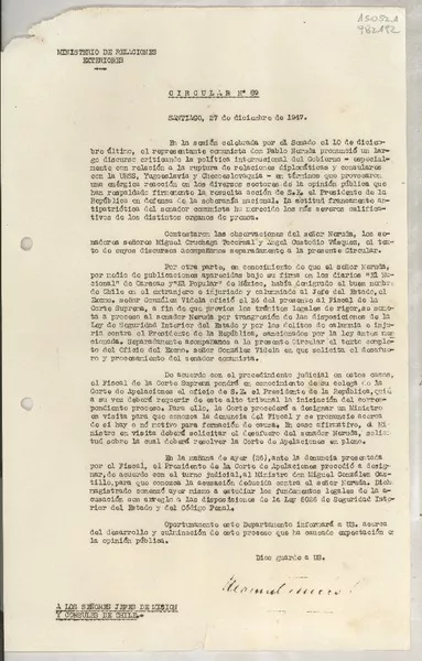 Circular N° 89, 1947 dic. 27, Santiago, [Chile] [a] Los Señores Jefes de Misión y Cónsules de Chile  [manuscrito] Manuel Trucco.