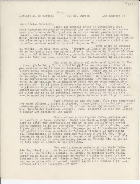 [Carta] [1949] oct. 16, Los Angeles, [EE.UU.] [a] Gabriela Mistral  [manuscrito] Anita Risdon.