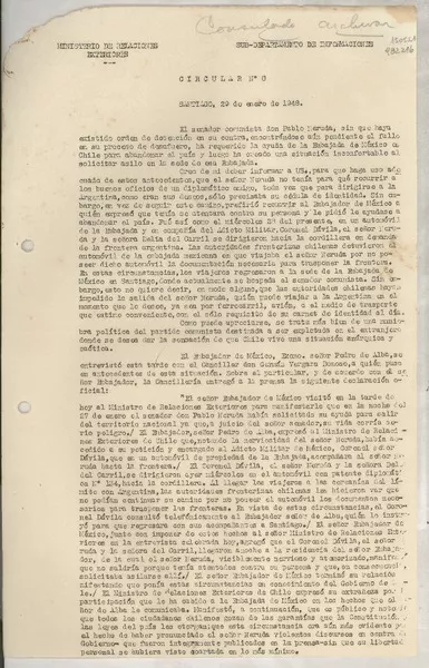 Circular N° 8, 1948 ene. 29, Santiago, [Chile] [a] Los Señores Jefes de Misión y Cónsules de Chile  [manuscrito] Manuel Trucco.