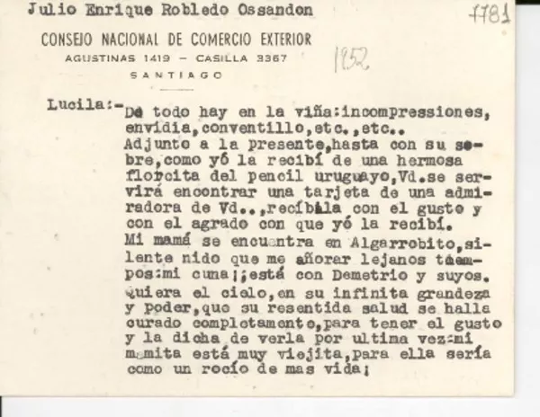 [Carta] [1952, Santiago, Chile] [a] Lucila Godoy Alcayaga  [manuscrito] Negro Julio E. Robledo O.
