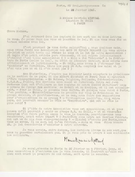 [Carta] 1946 janv. 23, Paris, [Francia] [a] Gabriela Mistral, Paris, [Francia]  [manuscrito] Marie Romain Rolland.