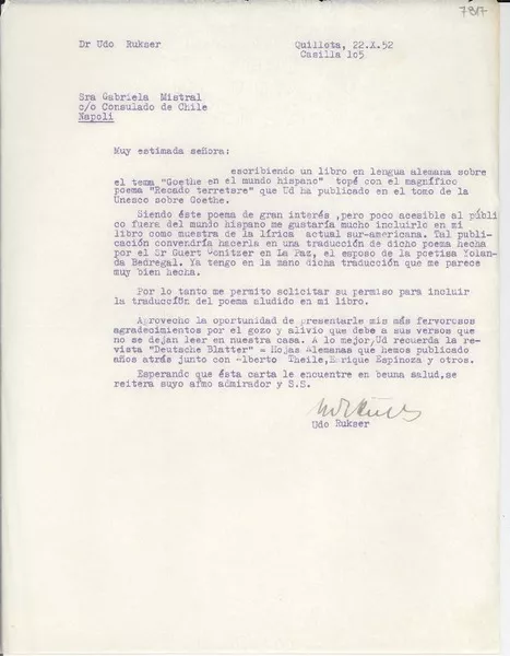 [Carta] 1952 oct. 22, Quillota, [Chile] [a] Gabriela Mistral, Napoli, [Italia]  [manuscrito] Udo Rukser.
