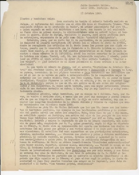[Carta] 1949 oct. 1, Santiago, Chile [a] Gabriela Mistral  [manuscrito] Julio Saavedra Molina.