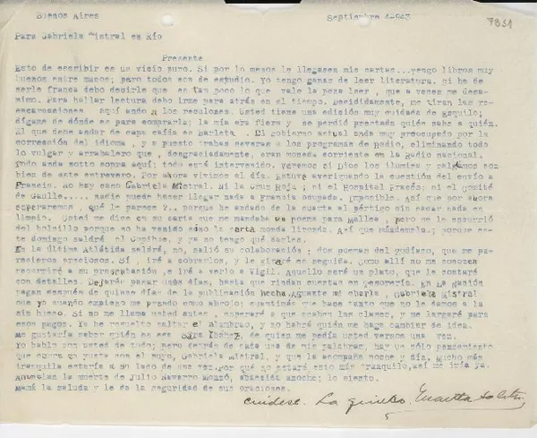 [Carta] 1943 sept. 4, Buenos Aires, [Argentina] [a] Gabriela Mistral, Río, [Brasil]  [manuscrito] Martha [Salotti].