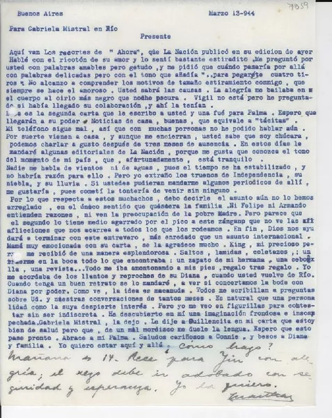 [Carta] 1944 mar. 13, Buenos Aires, [Argentina] [a] Gabriela Mistral, Río, Brasil]  [manuscrito] Martha [Salotti].