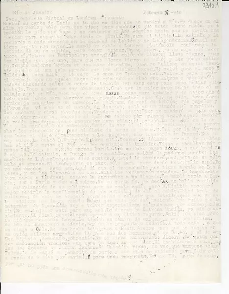 [Carta] 1946 feb. 8, Río de Janeiro [a] Gabriela Mistral, Londres  [manuscrito] Martha [Salotti].
