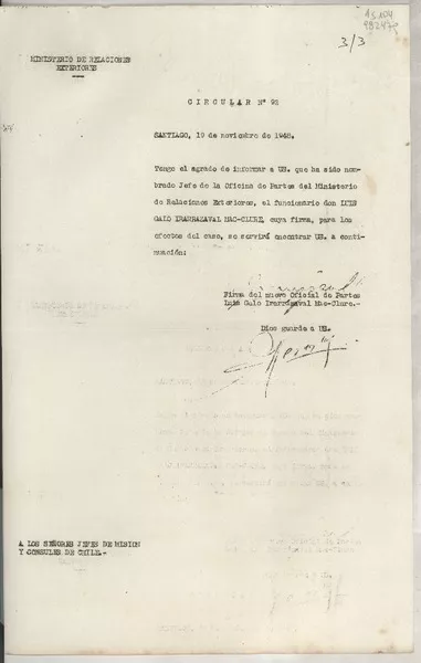 Circular N° 92, 1948 nov. 19, Santiago, [Chile] [a] Los Señores Jefe de Misión y Cónsules de Chile  [manuscrito] Germán Vergara Donoso.