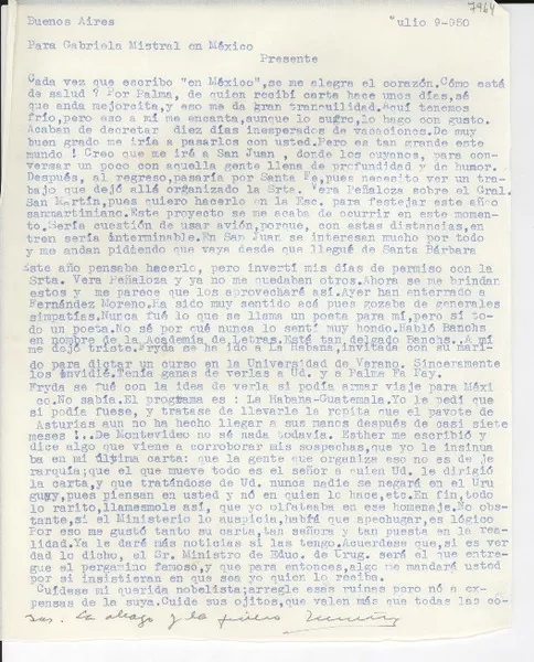 [Carta] 1950 jul. 9, Buenos Aires, [Argentina] [a] Gabriela Mistral, México  [manuscrito] Martha S[alotti].
