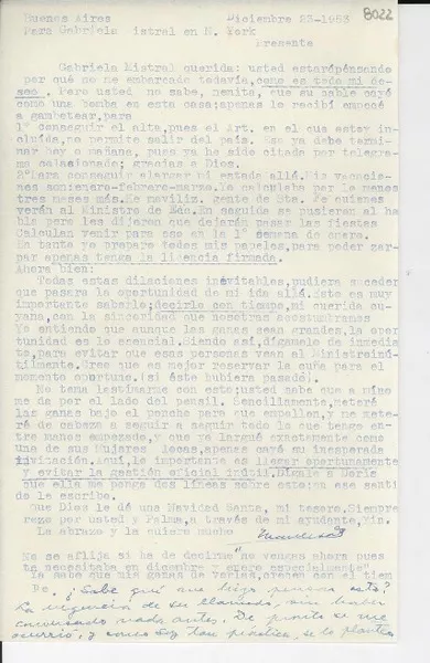 [Carta] 1953 dic. 23, Buenos Aires [a] Gabriela Mistral, Nueva York  [manuscrito] Martha [Salotti].