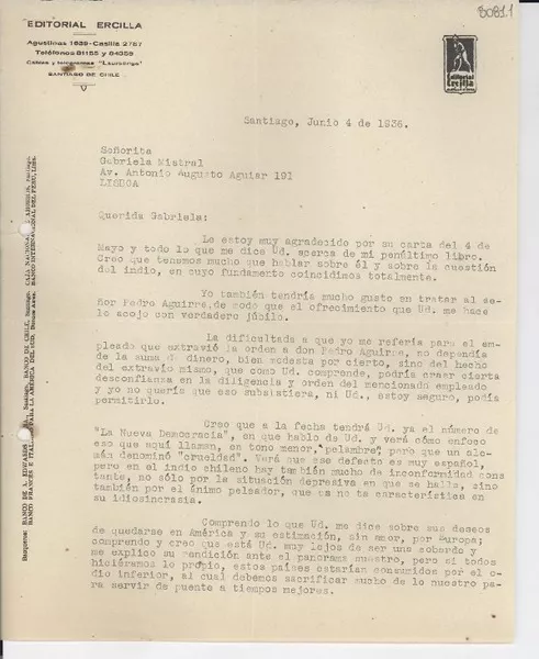 [Carta] 1936 jun. 4, Santiago [a] Gabriela Mistral, Lisboa  [manuscrito] Luis Alberto Sánchez.