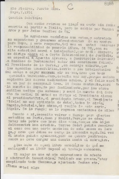 [Carta] 1951 mayo 7, Río Piedras, Puerto Rico [a] Gabriela Mistral  [manuscrito] Luis Alberto Sánchez.