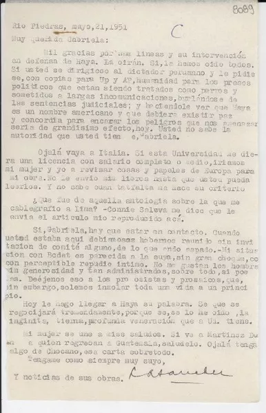 [Carta] 1951 mayo 21, Río Piedras, [Puerto Rico] [a] Gabriela Mistral  [manuscrito] L. A. Sánchez.