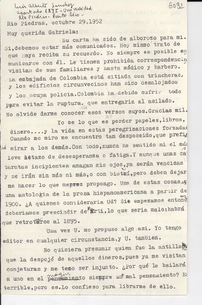 [Carta] 1952 oct. 29, Río Piedras, [Puerto Rico] [a] Gabriela Mistral  [manuscrito] Luis Alberto [Sánchez].