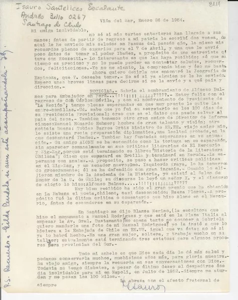 [Carta] 1954 ene. 26, Viña del Mar, [Chile] [a] [Gabriela Mistral]  [manuscrito] Isauro Santelices Escalante.