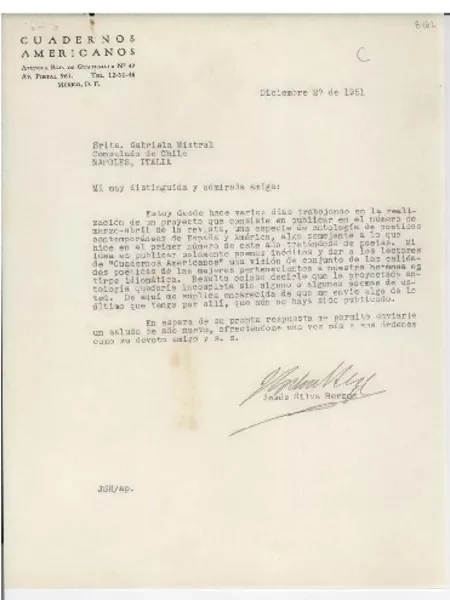 [Carta] 1951 dic. 27, México, D. F. [a] Srita. Gabriela Mistral, Consulado de Chile, Nápoles, Italia  [manuscrito] Jesús Silva Herzog.