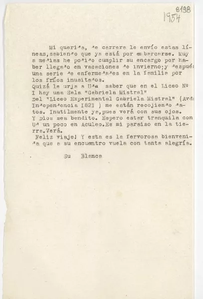 [Carta] [1954, Santiago] [a] Gabriela Mistral  [manuscrito] Blanca [Subercaseaux de Valdés].