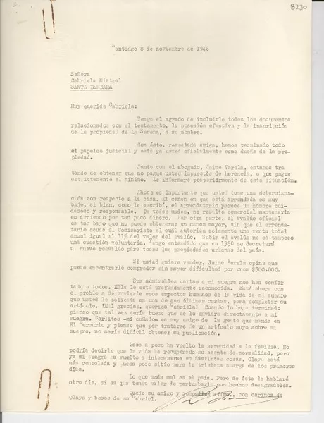 [Carta] 1948 nov. 8, Santiago, Chile [a] Gabriela Mistral, Santa Bárbara, [EE.UU.]  [manuscrito] [Radomiro Tomic].