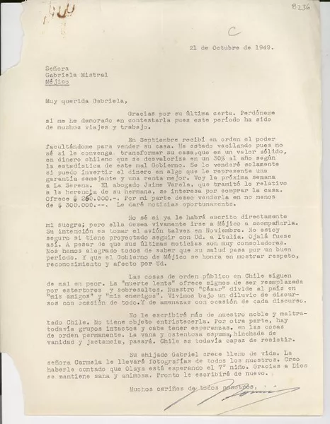 [Carta] 1949 oct. 21 [a] Gabriela Mistral, Méjico  [manuscrito] R[adomiro] Tomic.