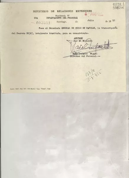 [Memorandum] N° 002551, 1952 ago. 4, Santiago [a] Consulado General de Chile, Nápoles  [manuscrito] Raúl Infante Biggs.