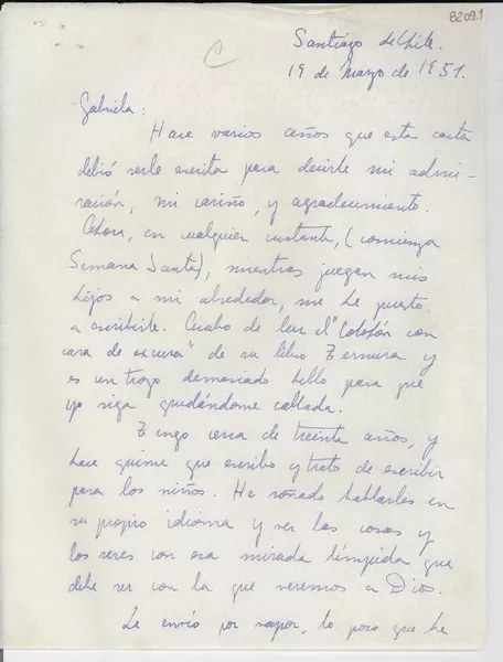 [Carta] 1951 mar. 19, Santiago de Chile [a] Gabriela Mistral  [manuscrito] Alicia Morel de Thayer.