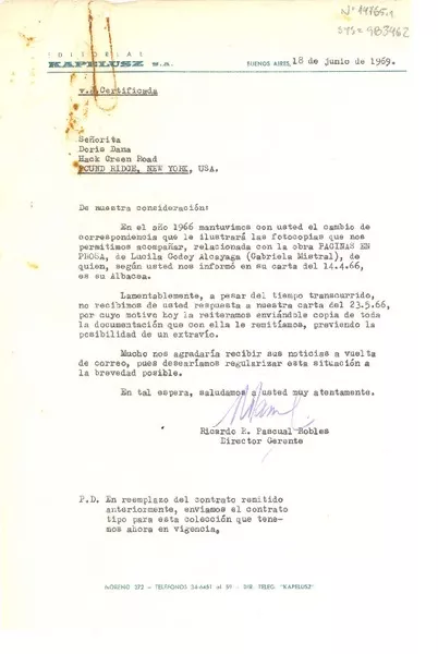 [Carta] 1966 jun. 18, Buenos Aires, [Argentina] [a] Doris Dana, Pound Ridge, New York, U.S.A.  [manuscrito] Ricardo R. Pascual Robles, director gerente.
