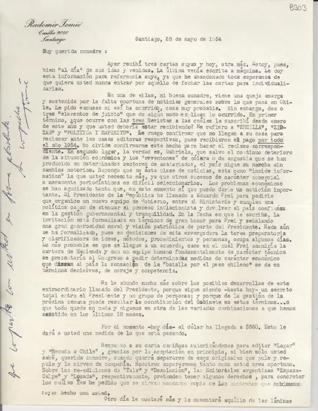 [Carta] 1954 mayo 28, Santiago [a] Gabriela Mistral  [manuscrito] [Radomiro] Tomic.