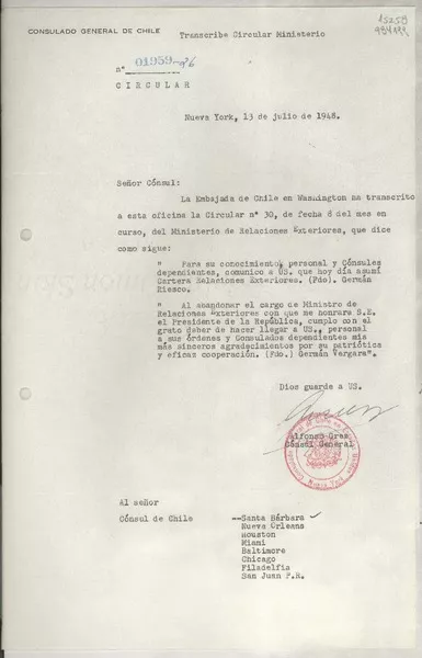 Circular N° 01959-26, 1948 jul. 13, Nueva York, [EE.UU.] [a los] [Señores Cónsules de Chile en EE.UU. y Puerto Rico]  [manuscrito] Alfonso Grez Cónsul General.