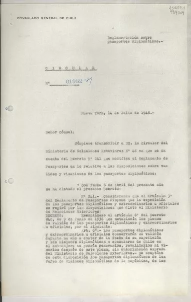Circular N° 01982-27, 1948 jul. 14, Nueva York, [EE.UU.] [a los] [Señores Cónsules de Chile en EE.UU. y Puerto Rico]  [manuscrito] Alfonso Grez Cónsul General.