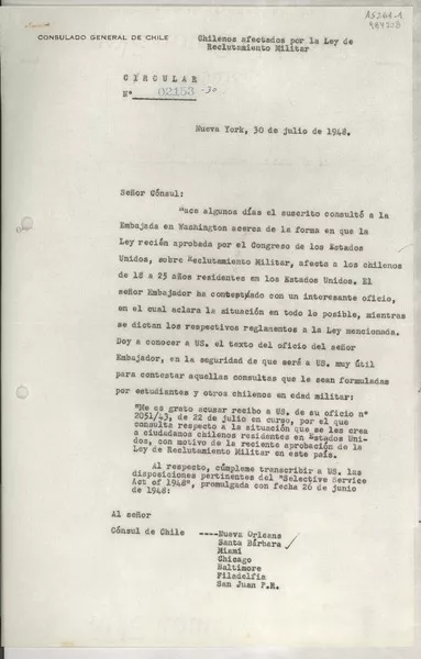 Circular N° 02153-30, 1948 jul. 30, Nueva York, [EE.UU.] [a los] [Señores Cónsules de Chile en EE.UU. y Puerto Rico]  [manuscrito] Alfonso Grez Cónsul General.