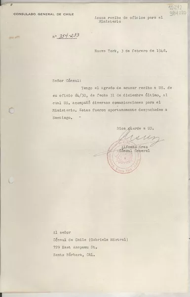 [Circular] N° 354-233, 1948 feb. 3, Nueva York, [Estados Unidos] [al] señor Cónsul de Chile (Gabriela Mistral), 729 East Anapamu St., Santa Barbara, Cal.  [manuscrito] Alfonso Grez.