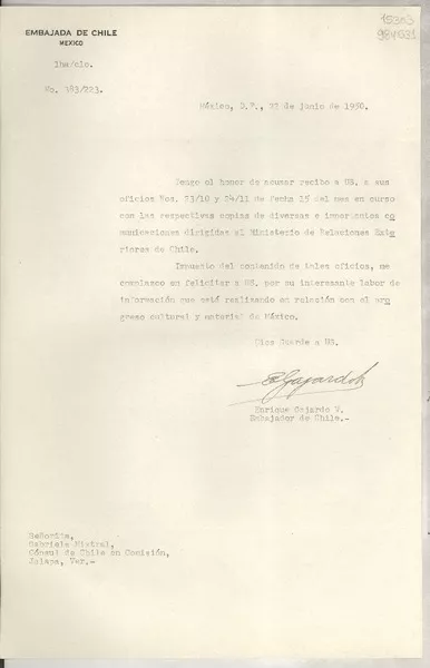 [Oficio] N° 383223, 1950 jun. 22, México D. F. [a] Señorita Gabriela Mistral, Cónsul de Chile en Comisión, Jalapa, Ver.  [manuscrito] / Enrique Gajardo V.