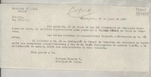 [Oficio] N° 384224, 1950 jun. 24, México D. F. [a] Gabriela Mistral  [manuscrito] / Enrique Gajardo V.