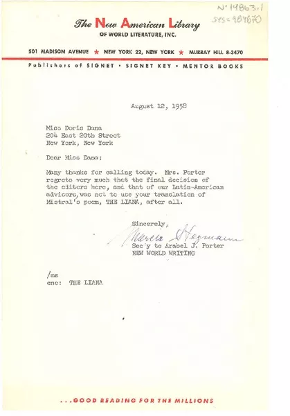 [Carta] 1958 aug. 12, New York, [Estados Unidos] [a] Doris Dana, New York, [Estados Unidos]  [manuscrito] Marcia Hegmann, secretaria de Arabel J. Porter.