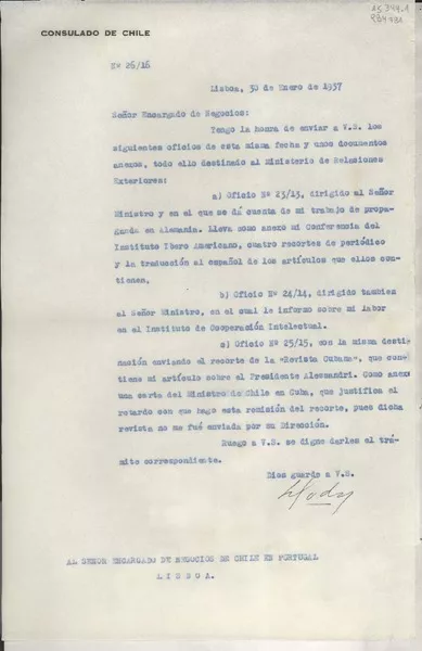 [Oficio] N° 2616, 1937 ene. 30, Lisboa, [Portugal] [al] Señor Encargado de Negocios de Chile en Portugal, Lisboa  [manuscrito] / L. Godoy.