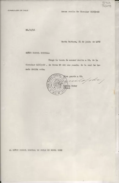 [Oficio] N° 4214, 1948 jul. 21, Santa Barbara, [EE.UU.] [al] Señor Cónsul General de Chile en Nueva York, [EE.UU.]  [manuscrito] / Lucila Godoy, Cónsul.