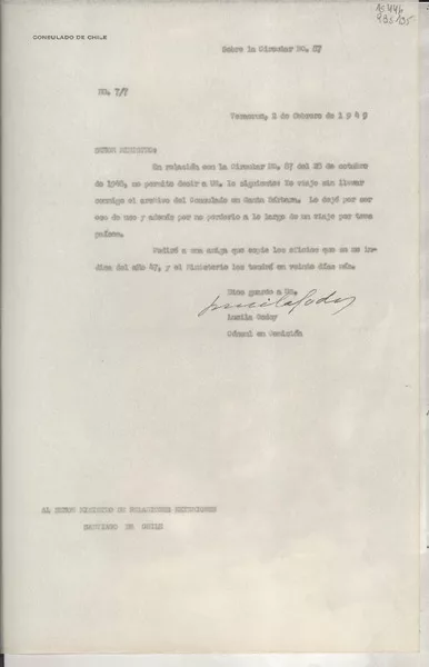 [Oficio] N° 77, 1949 feb. 2, Veracruz, [México] [al] Señor Ministro de Relaciones Exteriores, Santiago de Chile  [manuscrito] / Lucila Godoy, Cónsul en Comisión.