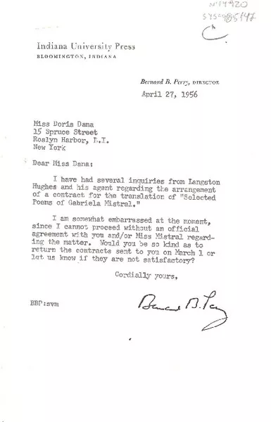 [Carta] 1956 jan. 19, Bloomington, Indiana, [Estados Unidos] [a] Doris Dana, Roslyn Harbor, New York, [Estados Unidos]  [manuscrito] Bernard B. Perry.