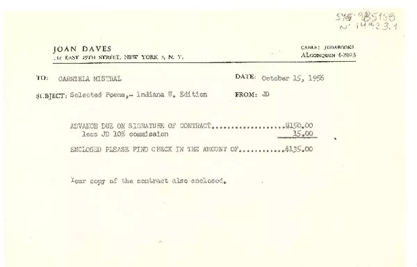 [Carta] 1956 oct. 15, [New York, Estados Unidos] [a] Gabriela Mistral, [Estados Unidos]  [manuscrito] Joan Daves.