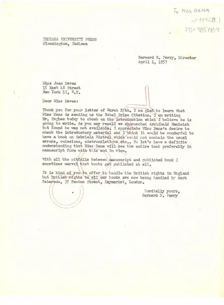 [Carta] 1957 apr. 1, Bloomington, Indiana, [Estados Unidos] [a] Joan Daves, New York, [Estados Unidos]  [manuscrito] Bernard B. Perry.