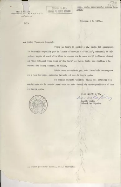 [Oficio] N° 14, 1952 feb. 3, Nápoles, [Italia] [al] Señor Tesorero General de la República [de Chile]  [manuscrito] Lucila Godoy, Cónsul en Nápoles.