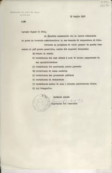 [Oficio] N° 86, 1952 luglio 15, Nápoles, Italia [a] Egregio Signor Di Nola  [manuscrito] Secretario del Consulado.