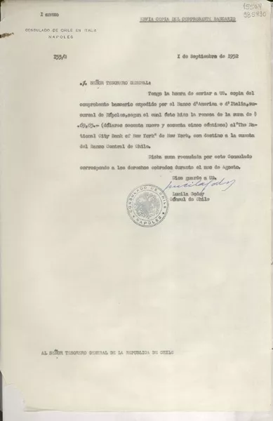 [Oficio] N° 153, 1952 sept. 1, Nápoles, Italia [al] Señor Tesorero General de la República de Chile  [manuscrito] Lucila Godoy.