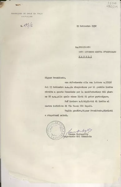 [Oficio] N° 173G, 1952 sett. 19, Nápoles, Italia [al] Sr. Presidente Ente Autonómo Mostra D'Oltremare, Napoli, [Italia]  [manuscrito] / Franco Barbagallo, Segretario del Consolato.